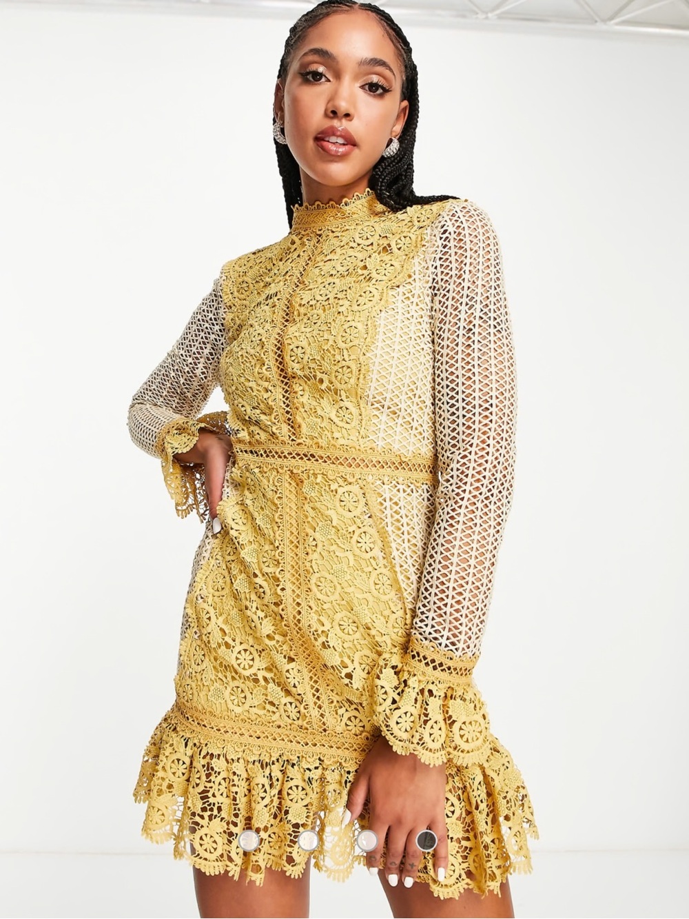 ASOS mustard yellow mini dress with crochet trim Size 6
